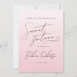 Tarjeta De Agradecimiento Elegant Blush Pink Ombre Script Sweet Sixteen 