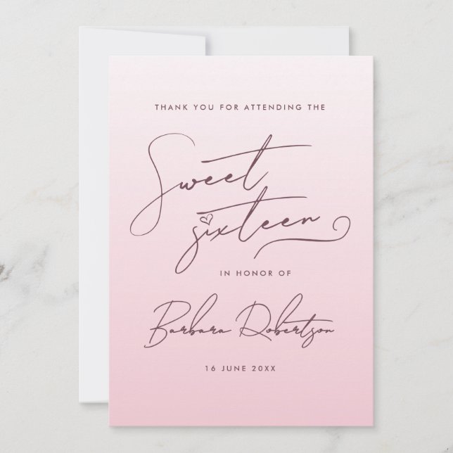 Tarjeta De Agradecimiento Elegant Blush Pink Ombre Script Sweet Sixteen  (Anverso)