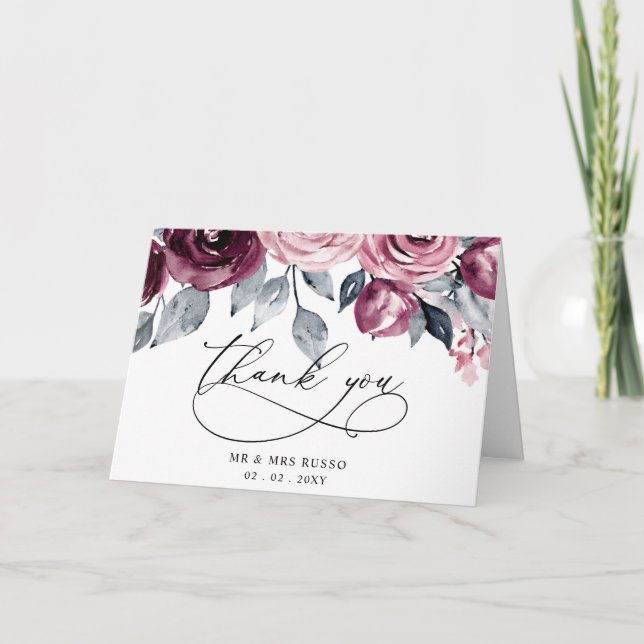 Tarjeta De Agradecimiento  Elegant Botanical Blush Burgundy Floral Wedding (Anverso)