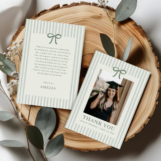 Tarjeta De Agradecimiento Elegant Bow Green Striped Photo Graduation