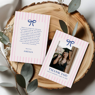 Tarjeta De Agradecimiento Elegant Bow Pink Striped Photo Graduation