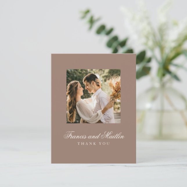 Tarjeta De Agradecimiento Elegant Brown Romantic Photo Wedding (Anverso de pie)
