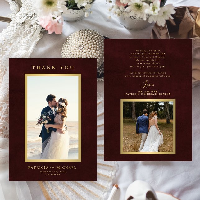 Tarjeta De Agradecimiento Elegant burgundy gold photo wedding  (Subido por el creador)
