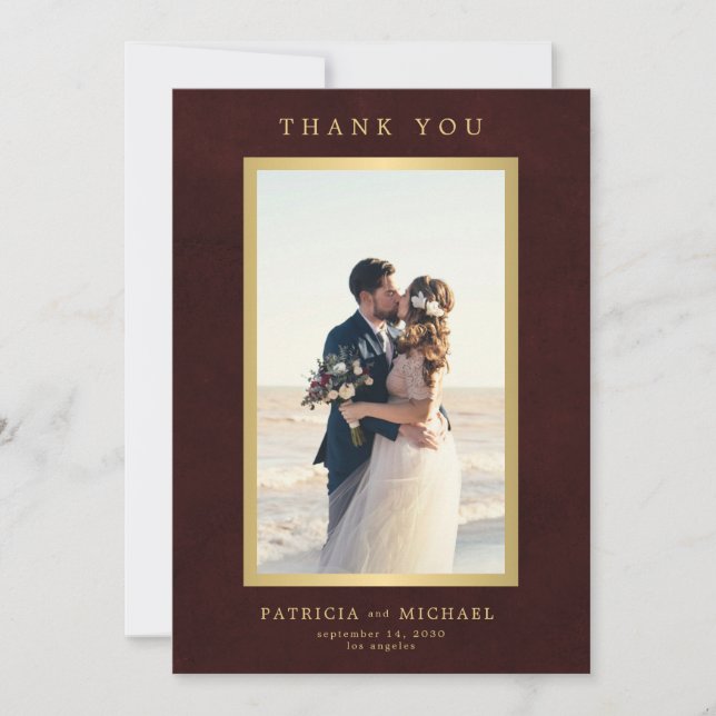 Tarjeta De Agradecimiento Elegant burgundy gold photo wedding  (Anverso)
