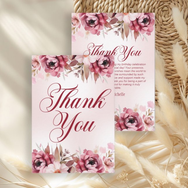 Tarjeta De Agradecimiento Elegant Burgundy Pink Floral Birthday (Elegant pink floral birthday party thank you card)