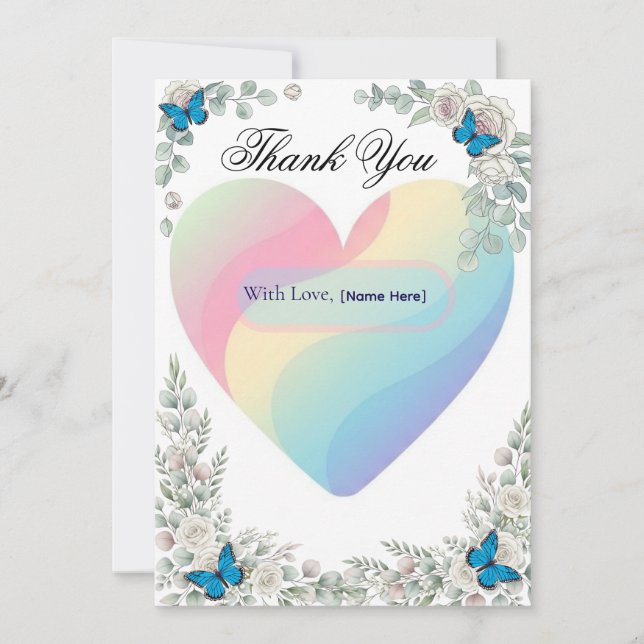 Tarjeta De Agradecimiento Elegant Butterfly Floral Heart Wedding Thank You   (Anverso)