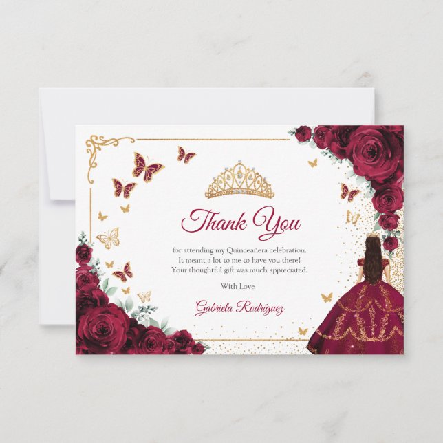 Tarjeta De Agradecimiento Elegant Chic Burgundy Roses Gold Quinceanera (Anverso)
