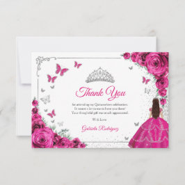 Tarjeta De Agradecimiento Elegant Chic Fuchsia Pink Roses Silver Quinceanera