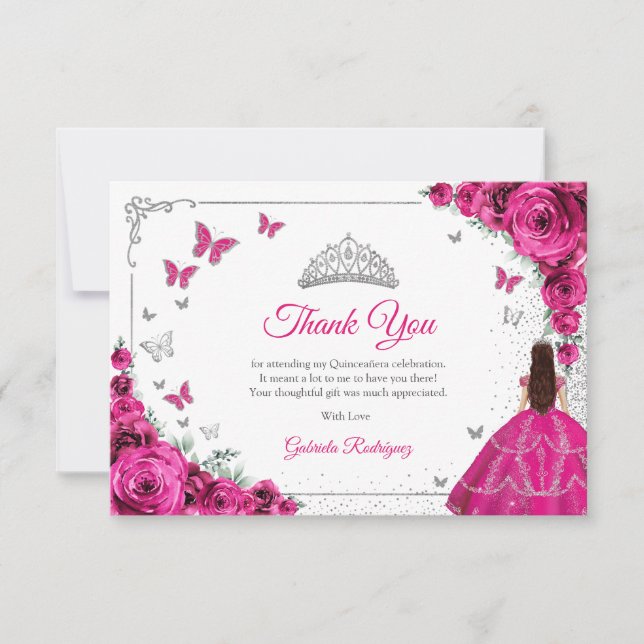 Tarjeta De Agradecimiento Elegant Chic Fuchsia Pink Roses Silver Quinceanera (Anverso)