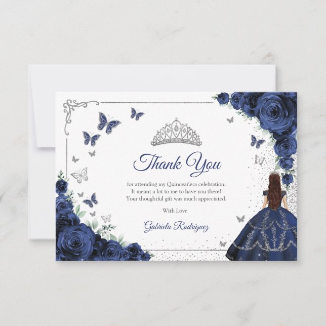 Tarjeta De Agradecimiento Elegant Chic Navy Blue Roses Silver Quinceanera (Anverso)