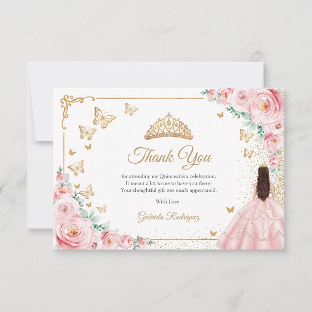 Tarjeta De Agradecimiento Elegant Chic Pink Roses Gold Quinceanera (Anverso)