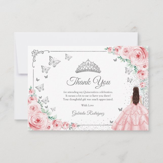 Tarjeta De Agradecimiento Elegant Chic Pink Roses Silver Quinceanera (Anverso)