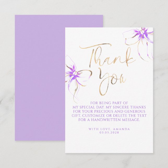 Tarjeta De Agradecimiento Elegant Chic Purple Bow Bridal Shower Thank You (Anverso / Reverso)