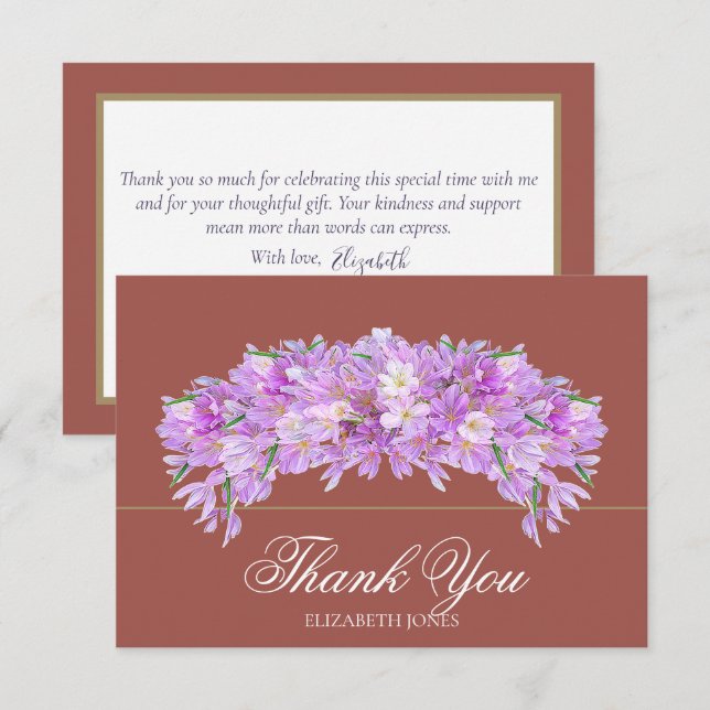 Tarjeta De Agradecimiento Elegant Chic Purple Crocus Bridal Shower Thank You (Anverso / Reverso)
