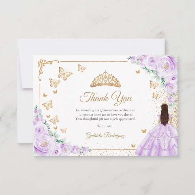 Tarjeta De Agradecimiento Elegant Chic Purple Lilac Roses Gold Quinceanera (Anverso)