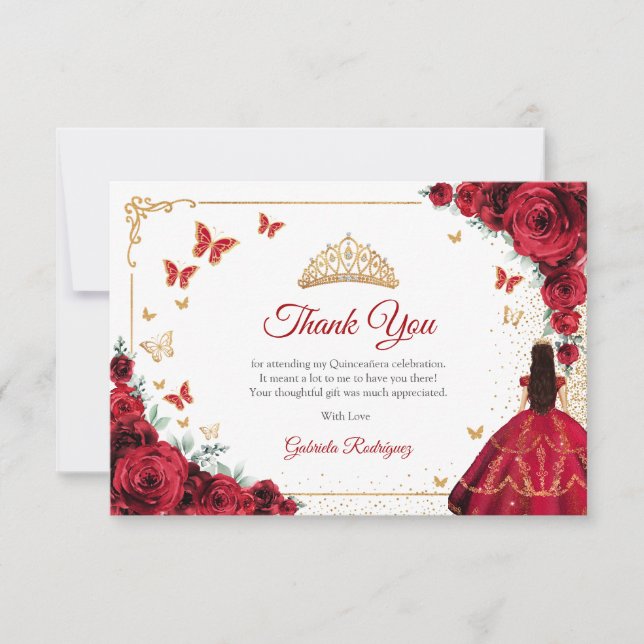 Tarjeta De Agradecimiento Elegant Chic Red Roses Gold Quinceanera (Anverso)