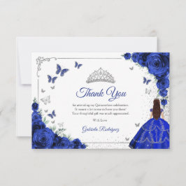 Tarjeta De Agradecimiento Elegant Chic Royal Blue Roses Silver Quinceanera