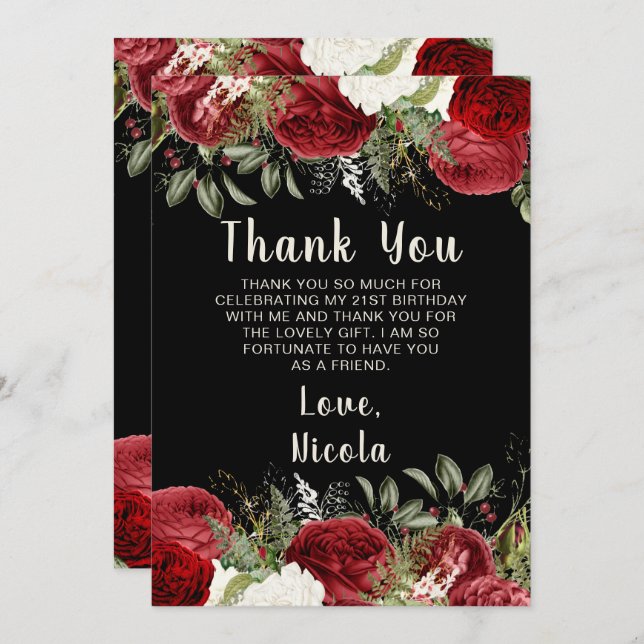 Tarjeta De Agradecimiento Elegant Christmas Red Flowers Birthday Party (Anverso / Reverso)