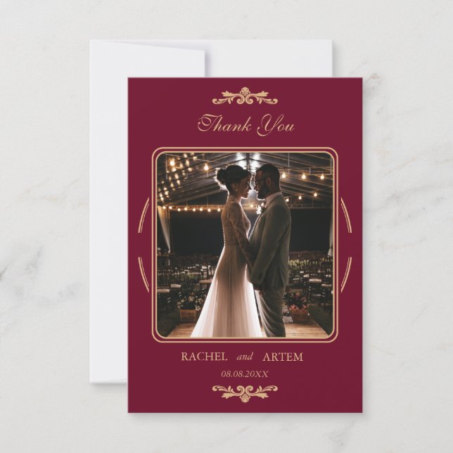 Tarjeta De Agradecimiento Elegant Classic Burgundy Photo Wedding  (Anverso)