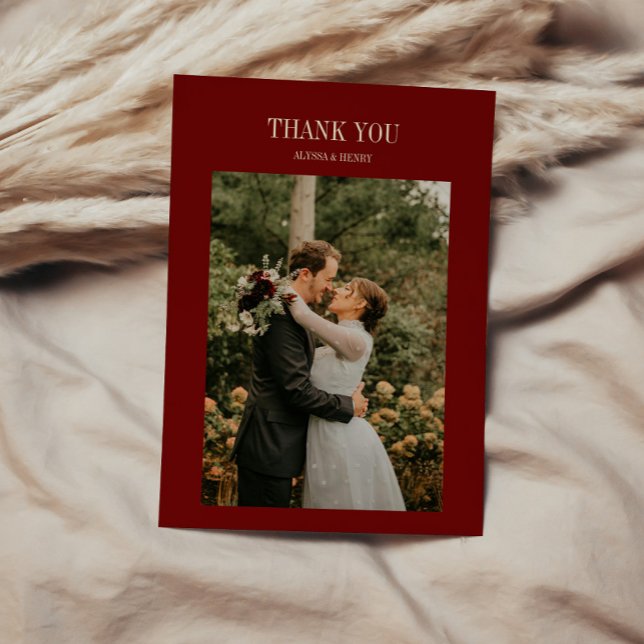 Tarjeta De Agradecimiento Elegant Classic Script Wine Red Wedding Photo (Subido por el creador)