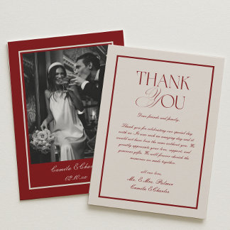 Tarjeta De Agradecimiento Elegant Cream and Burgundy Wedding Photo