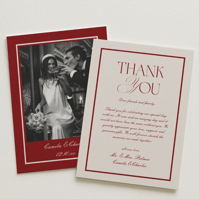 Tarjeta De Agradecimiento Elegant Cream and Burgundy Wedding Photo (Subido por el creador)