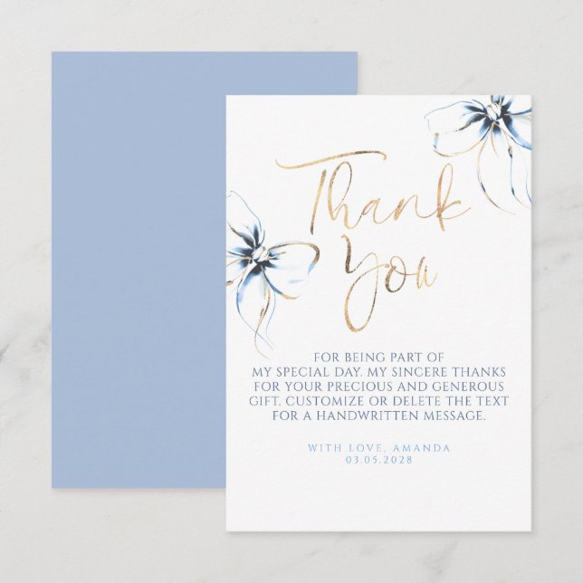 Tarjeta De Agradecimiento Elegant Dusty Blue Bow Bridal Shower Thank You (Anverso / Reverso)