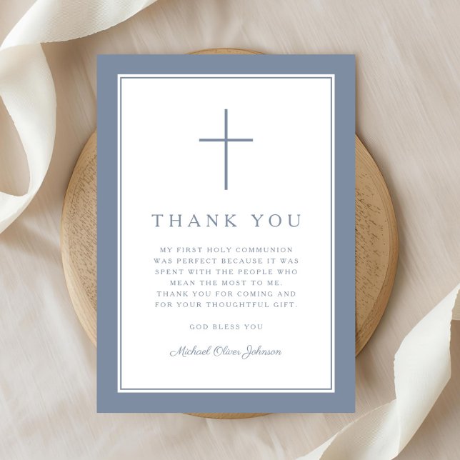 Tarjeta De Agradecimiento Elegant Dusty Blue Cross Boy First Communion (Elegant Dusty Blue Cross Boy First Communion Thank You Card
)