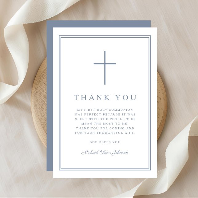 Tarjeta De Agradecimiento Elegant Dusty Blue Cross Boy First Holy Communion (Elegant Dusty Blue Cross Boy First Holy Communion Thank You Card)
