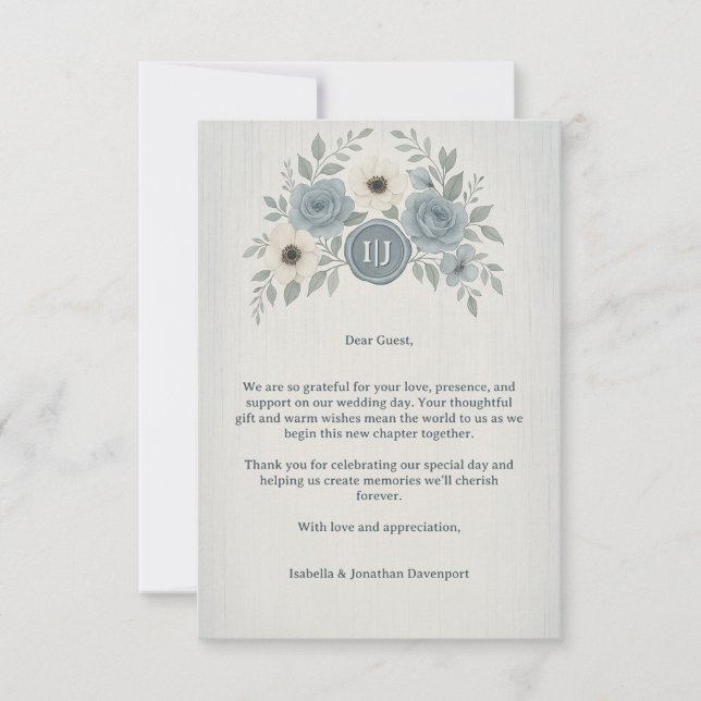 Tarjeta De Agradecimiento Elegant Dusty Blue Floral Wax Seal Wedding (Anverso)