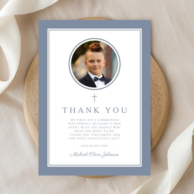 Tarjeta De Agradecimiento Elegant Dusty Blue Photo Boy First Communion (Elegant Dusty Blue Photo Boy First Communion Thank You Card
)