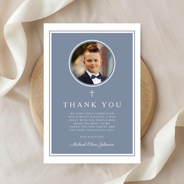 Tarjeta De Agradecimiento Elegant Dusty Blue Photo Boy First Communion (Elegant Dusty Blue Photo Boy First Communion Thank You Card)