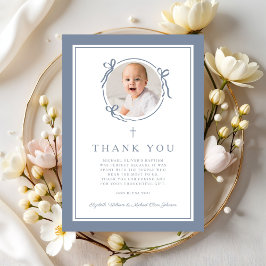 Tarjeta De Agradecimiento Elegant Dusty Blue Religious Baptism Photo