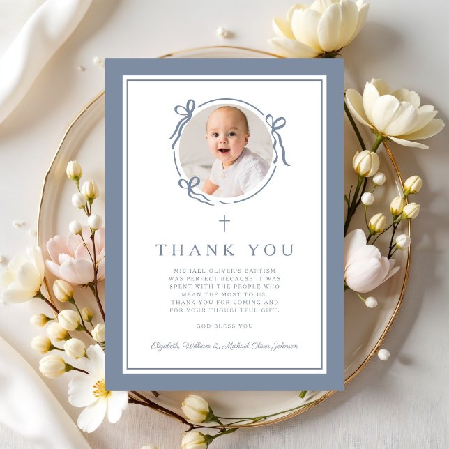 Tarjeta De Agradecimiento Elegant Dusty Blue Religious Baptism Photo (Elegant Dusty Blue Religious Baptism Photo Thank You Card)