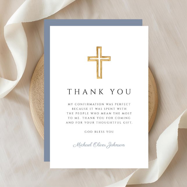 Tarjeta De Agradecimiento Elegant Dusty Blue Religious Cross Confirmation (Elegant Dusty Blue Religious Cross Confirmation Thank You Card)