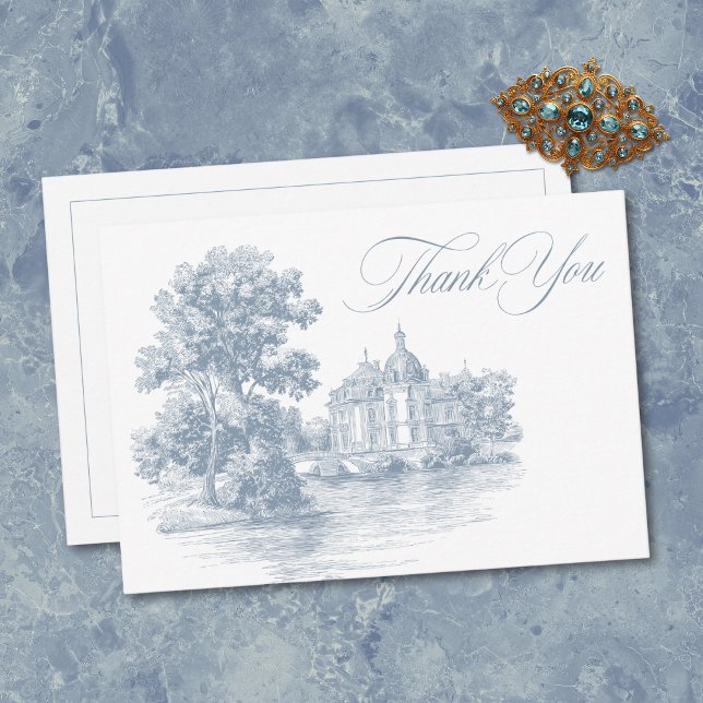 Tarjeta De Agradecimiento Elegant Dusty Blue Toile French Manor Wedding (Elegant Dusty Blue Toile French Manor Wedding Thank You Card)