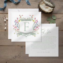 Tarjeta De Agradecimiento Elegant Dusty Sage Pastel Wildflower Crest Wedding