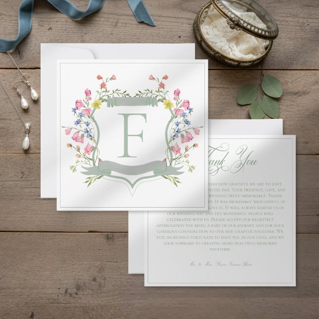 Tarjeta De Agradecimiento Elegant Dusty Sage Pastel Wildflower Crest Wedding (Subido por el creador)