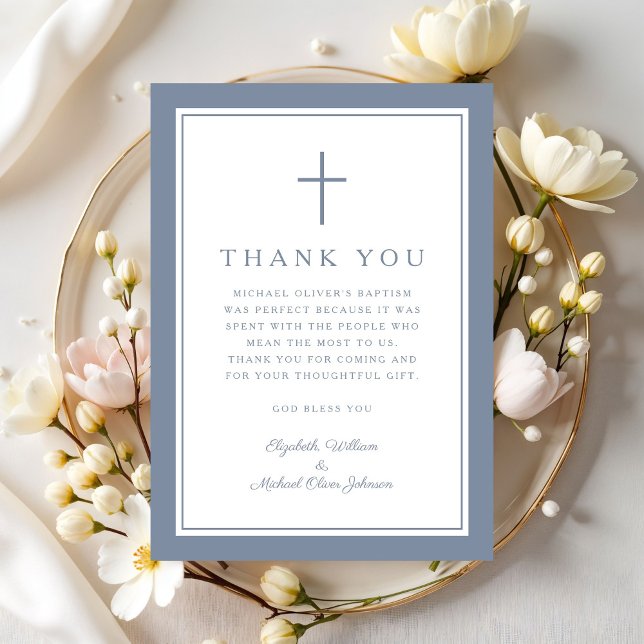 Tarjeta De Agradecimiento Elegant Dysty Blue Religious Cross Baptism (Elegant Dysty Blue Religious Cross Baptism Thank You Card)