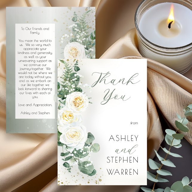 Tarjeta De Agradecimiento Elegant Eucalyptus Greenery Wedding Thank You Card (Elegant eucalyptus greenery wedding thank you card with white roses and gold accents)