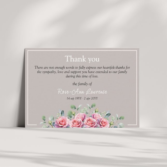 Tarjeta De Agradecimiento Elegant Eucalyptus Pink Roses Sympathy Funeral (Pink roses eucalyptus thank you card, family sympathy. Taupe and cream color)