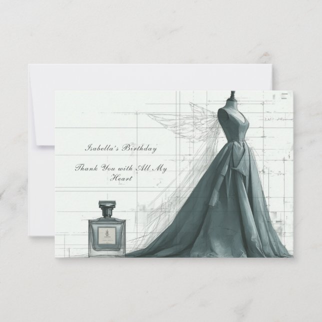Tarjeta De Agradecimiento Elegant Fashion Thank You Card – Gown & Perfume  (Anverso)