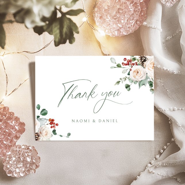 Tarjeta De Agradecimiento Elegant Festive Floral Holiday Winter Wedding  (Elegant Festive Floral Holiday Winter Wedding Thank You Card)