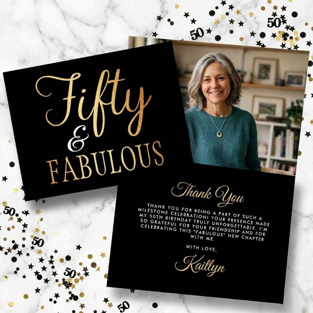 Tarjeta De Agradecimiento Elegant Fifty and Fabulous! 50th Birthday Photo (Subido por el creador)