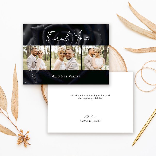Tarjeta De Agradecimiento Elegant Floral Black Midnight Rose Wedding Photo (Subido por el creador)