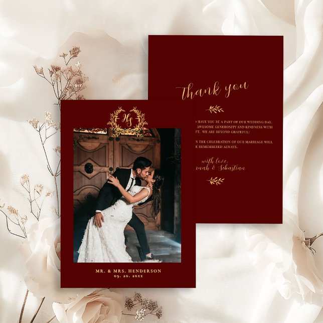 Tarjeta De Agradecimiento Elegant Floral Crest Burgundy Gold (Subido por el creador)