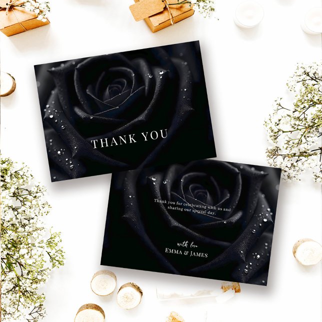 Tarjeta De Agradecimiento Elegant Floral Midnight Rose Black & White Wedding (Subido por el creador)