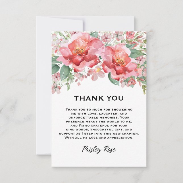 Tarjeta De Agradecimiento Elegant Floral Pink Bridal Shower (Anverso)