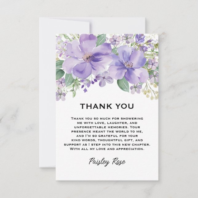 Tarjeta De Agradecimiento Elegant Floral Purple Bridal Shower (Anverso)