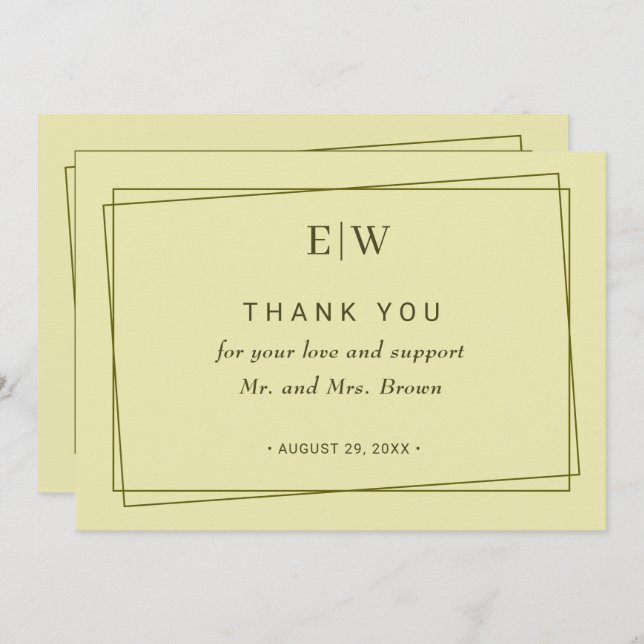 Tarjeta De Agradecimiento Elegant Frame on Celestial Yellow Monogram Wedding (Anverso / Reverso)